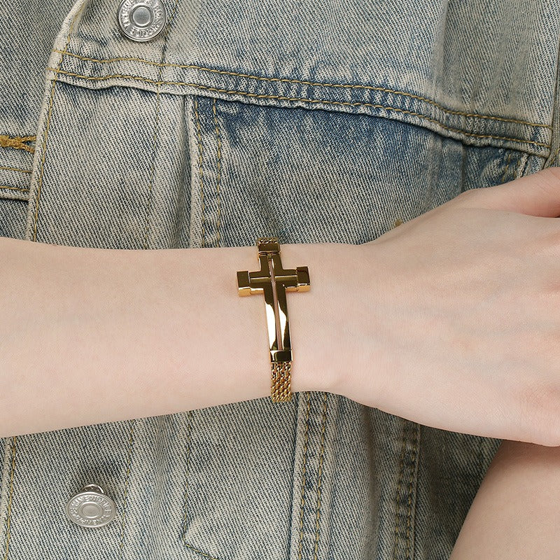 Kemstone Titanium Steel Hollow Curved Cross Bracelet for Men Adjustable Double Chain Gold Silver Black KB212800-KFC