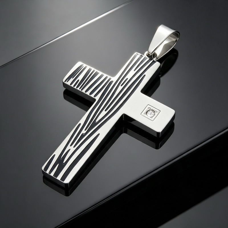 Kemstone Wood Grain Cross Pendant Necklace for Men Stainless Steel Cubic Zirconia Accent KP119491-HR