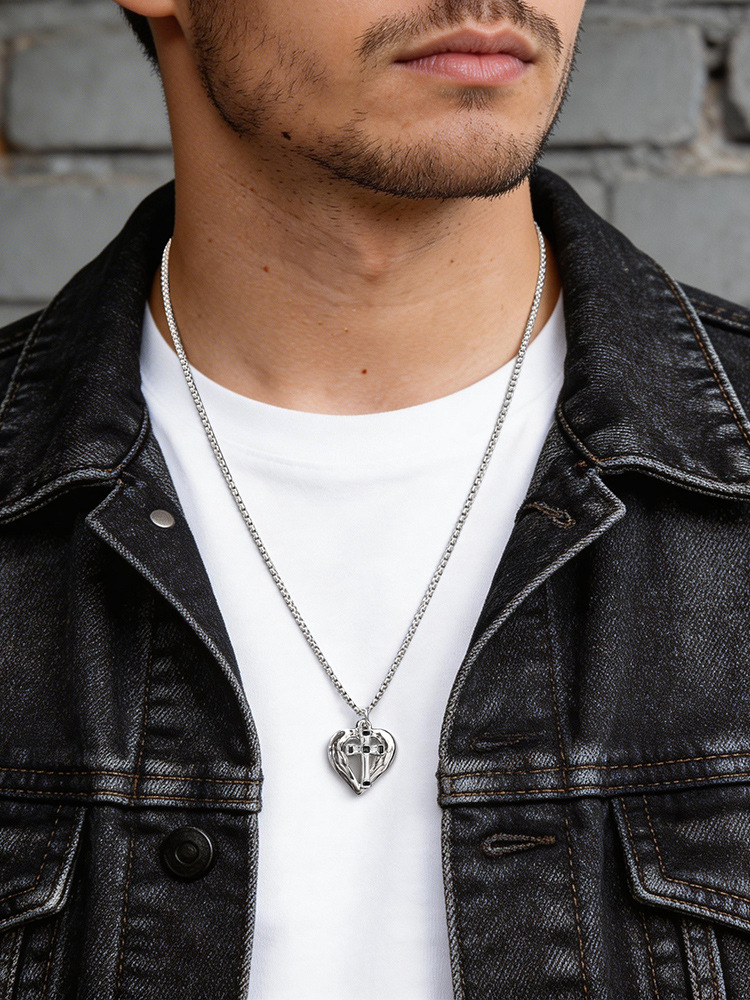 Kemstone Stainless Steel Cross Pendant Necklace for Men Women Textured Heart PN-2275