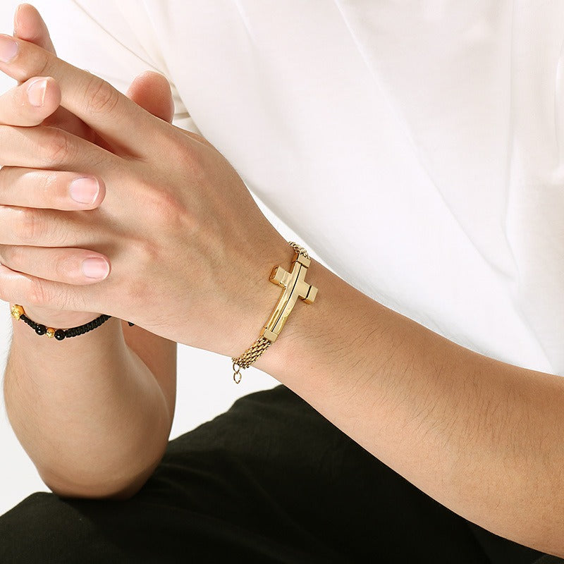 Kemstone Woven Chain Cross Bracelet for Men Titanium Steel KB213351-KFC