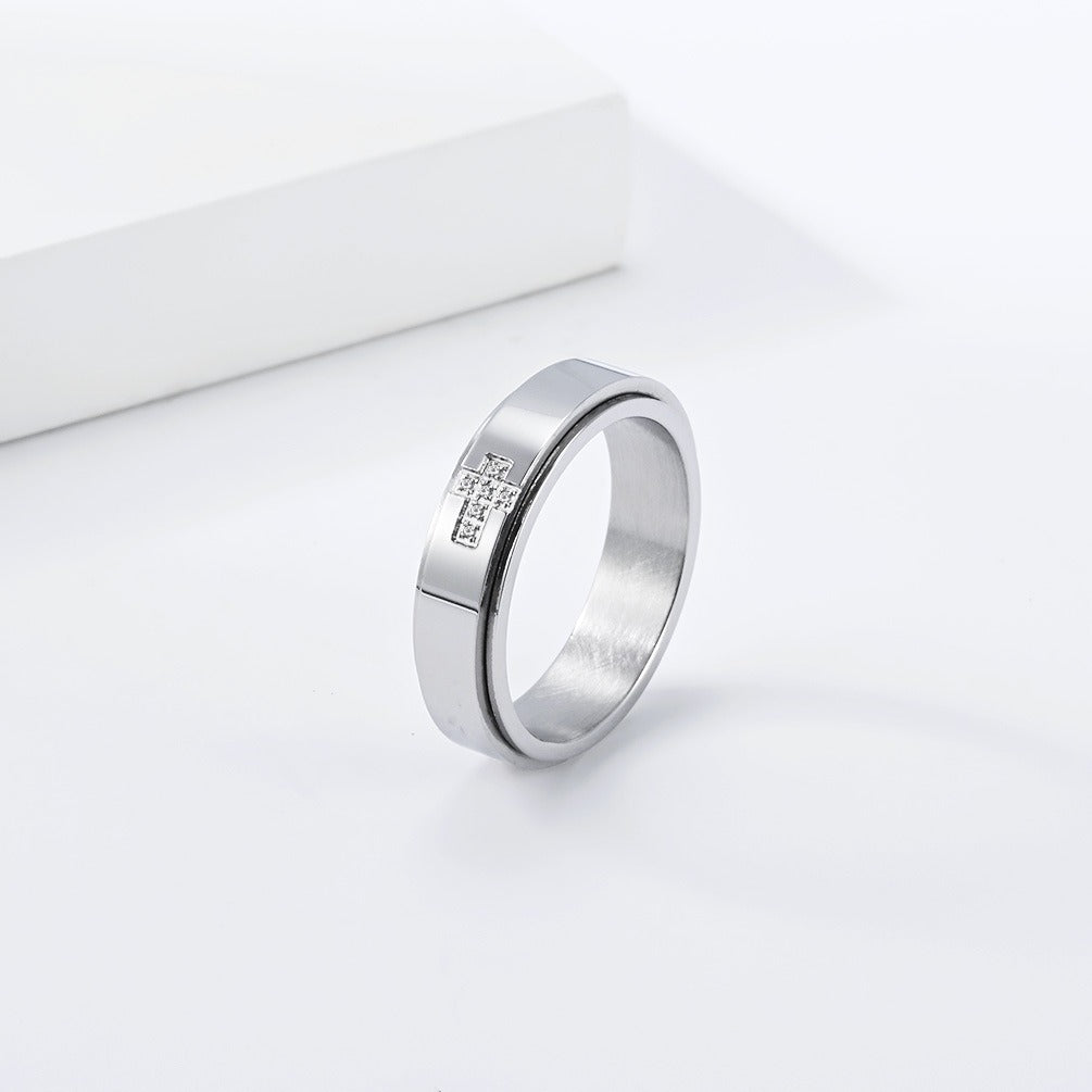 Kemston Rotating Cross Ring for Men & Women Stainless Steel Small Stone Detail K-R1220
