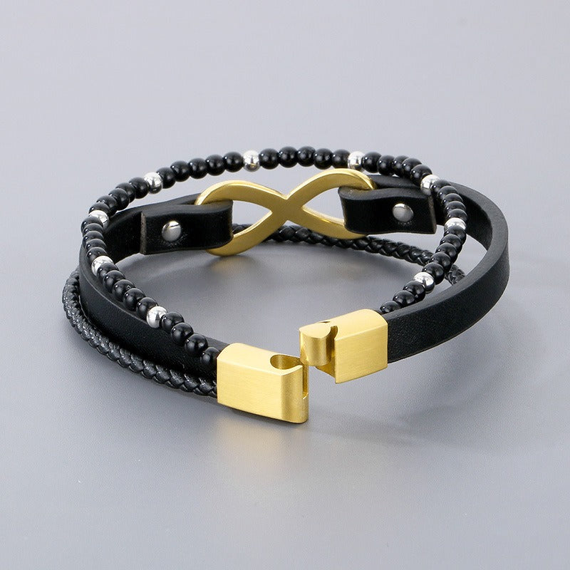 Kemstone Layered Leather Beaded Infinity Bracelet for Men Stainless Steel Clasp Wristband KB180750-JR