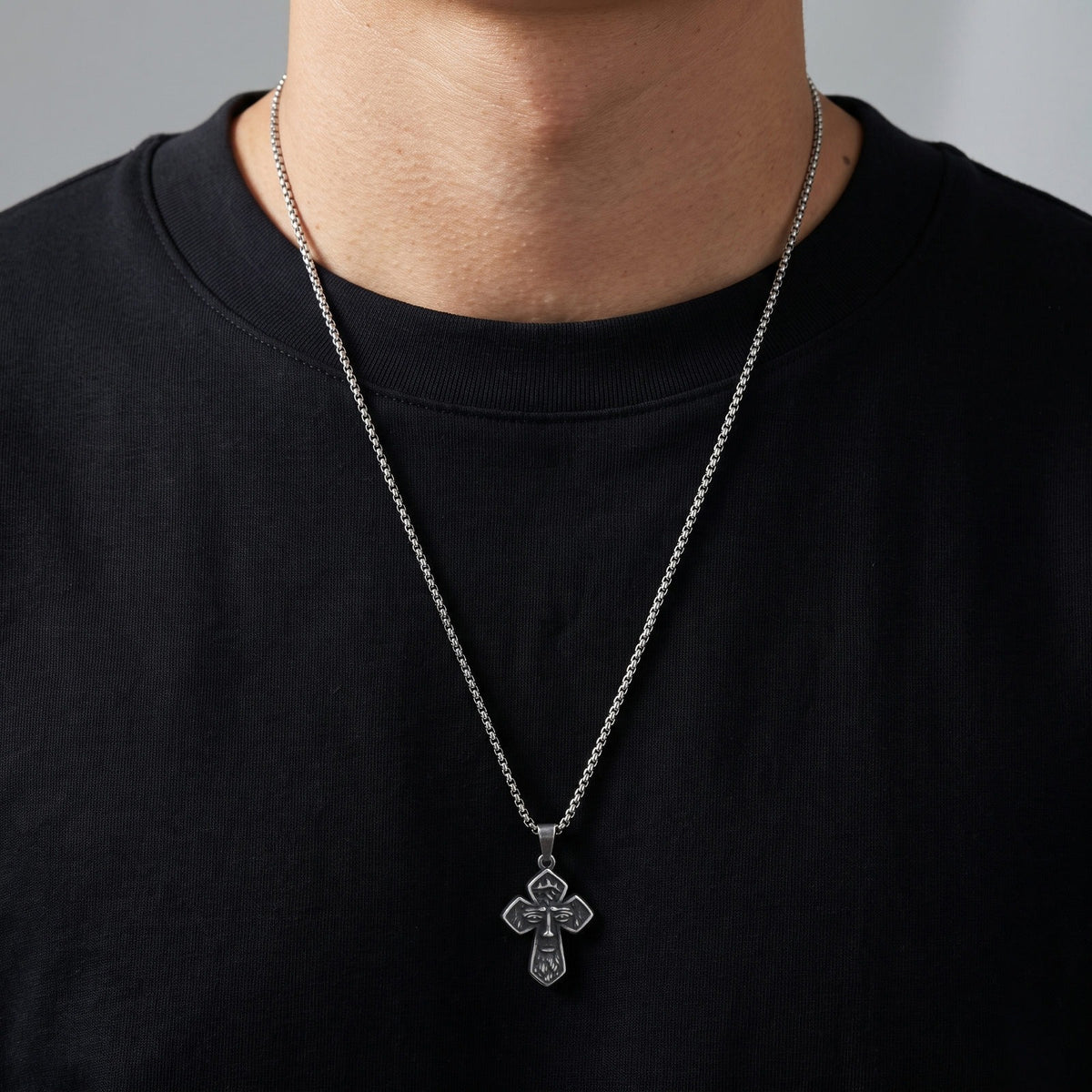 Kemstone Face Relief Cross Pendant Necklace for Men Stainless Steel Vintage PN-2429