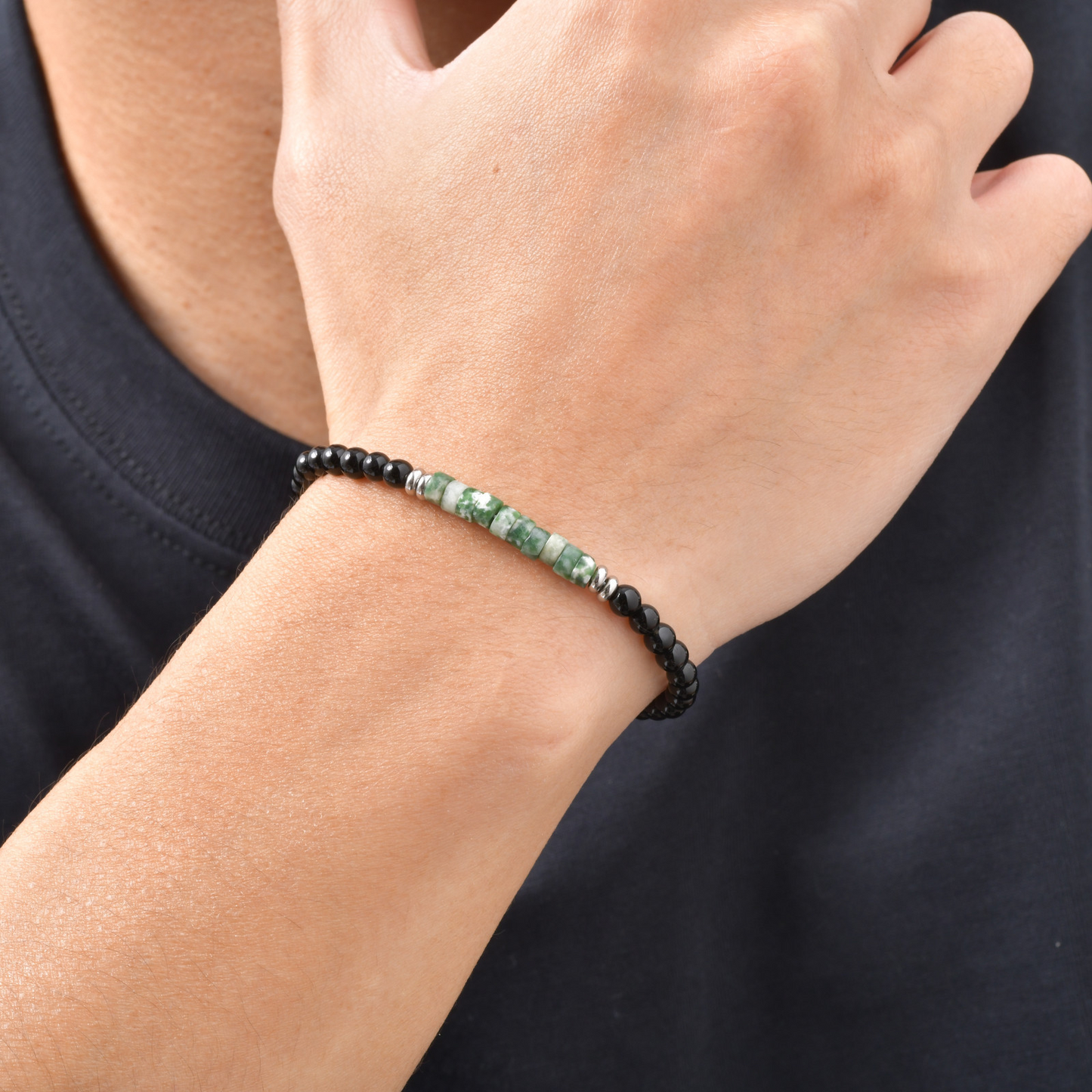 Kemstone Stone Beaded Bracelet Green Bead Adjustable Chain for Men Women BR-2925