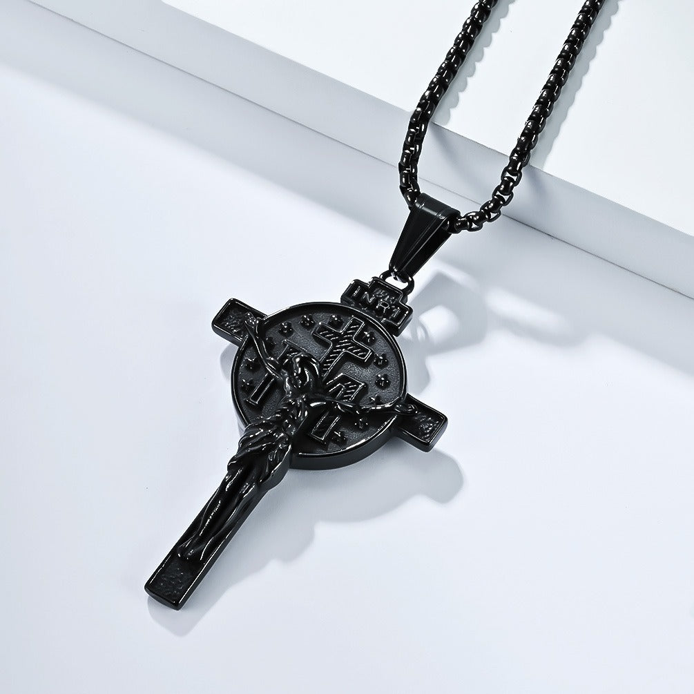 Kemstone Men’s Titanium Steel Cross Necklace – Vintage Relief Pendant K-PT641