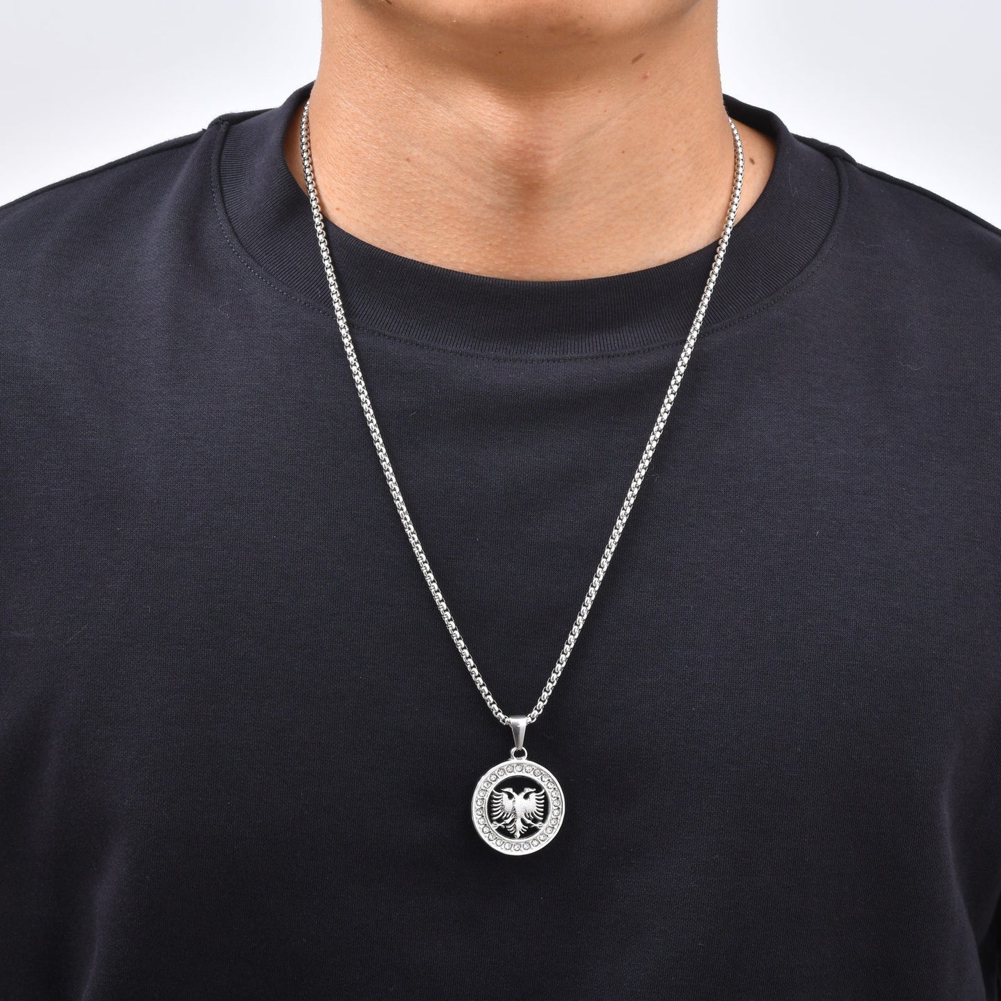 Kemstone Double Headed Eagle Pendant Necklace for Men Stainless Steel Round Medallion PN-2427