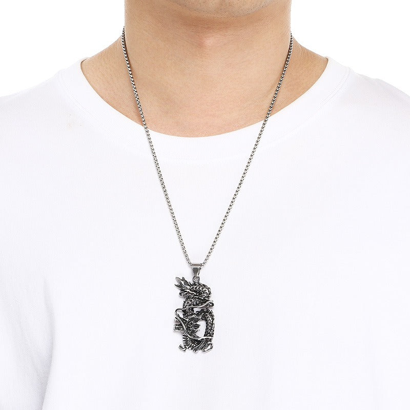Kemstone Dragon Pendant Necklace for Men Titanium Steel Vintage Oxidized Silver Animal Chain KP117731-LU
