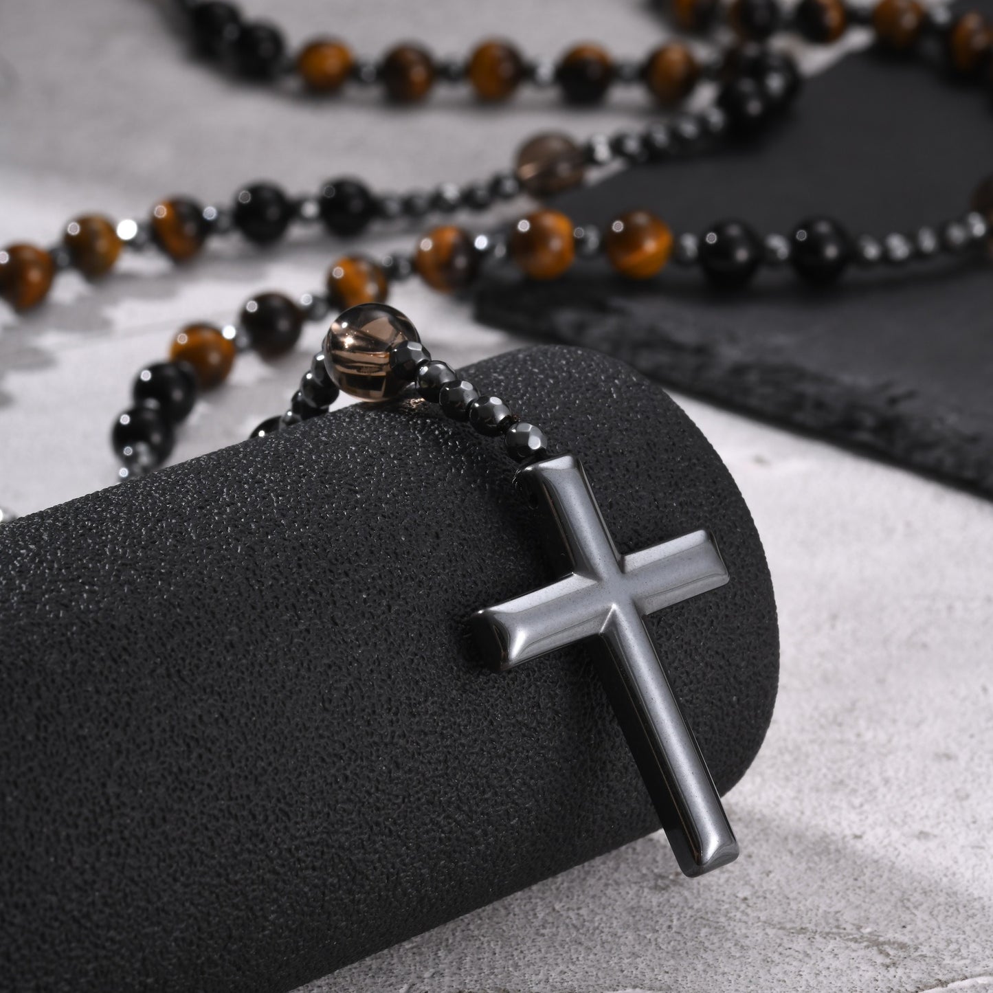 Kemstone Tiger Eye Beaded Cross Necklace for Men Lava Stone Stainless Steel Pendant NC-3017