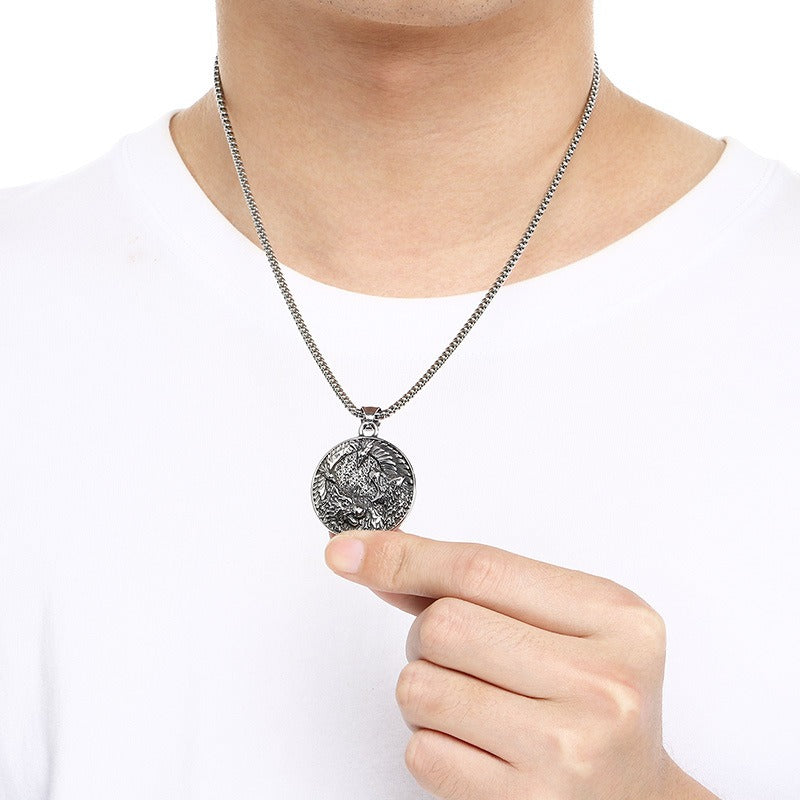 Kemstone Viking Axe Raven Wolf Pendant Necklace Stainless Steel - Rune Coin Norse Style Men KP117708-LU