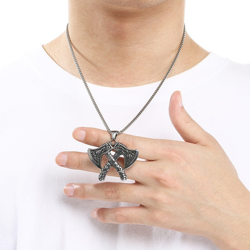 Kemstone Viking Axe Pendant Necklace Titanium Steel Wolf Head Celtic Knot Style for Men Silver KP117026-LU