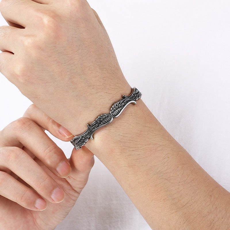 Kemstone Viking Raven Celtic Knot Feather Cuff Bracelet – Titanium Steel Open Bangle for Men KB209301-LU