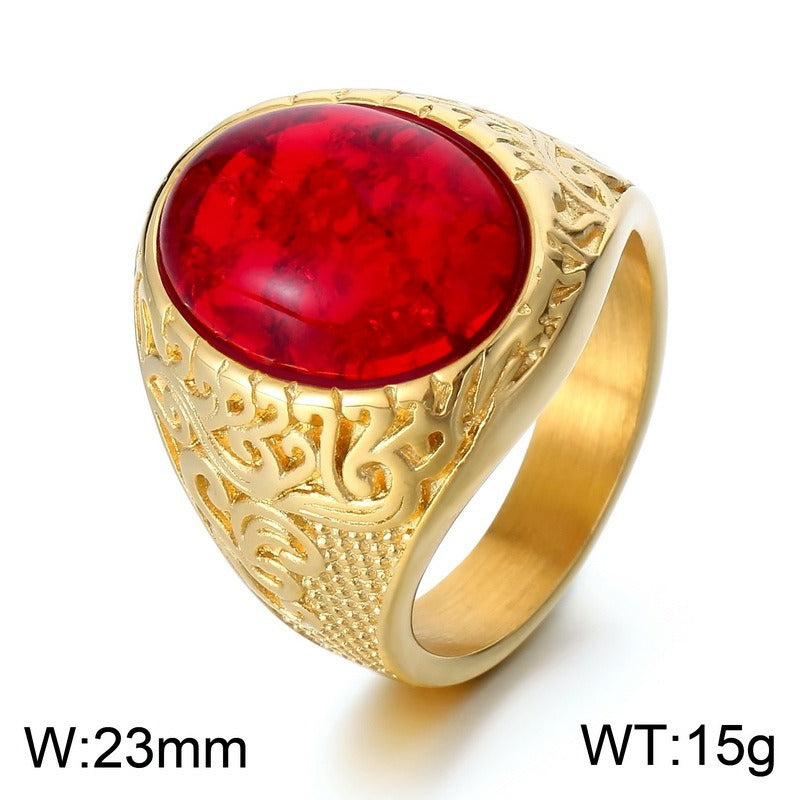 Kemstone Viking Rune Ring – Cracked Stone Titanium Steel Band for Men, Norse Mythology Gothic Style KR110138