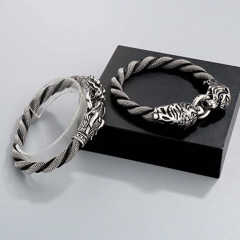 Kemstone Titanium Steel Leather Bracelet for Men Vintage Dragon Tiger Anchor Clasp KB87977-BD
