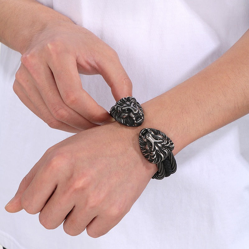 Kemstone Titanium Steel Lion Head Open Cuff Bracelet for Men – Steel Cable KB167192-KFC