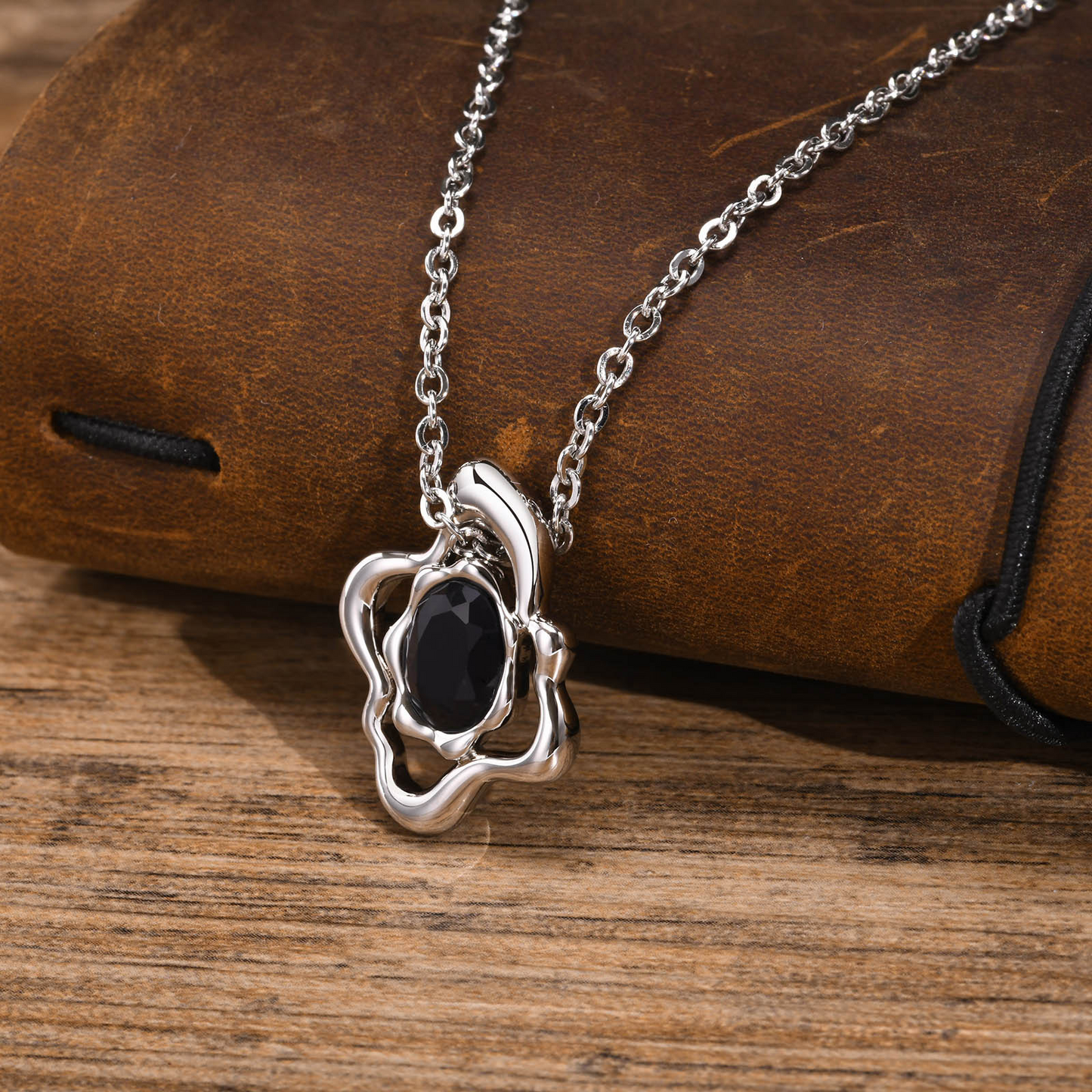 Kemstone Men’s Silver Geometric Pendant Necklace with Black Enamel PNB-192