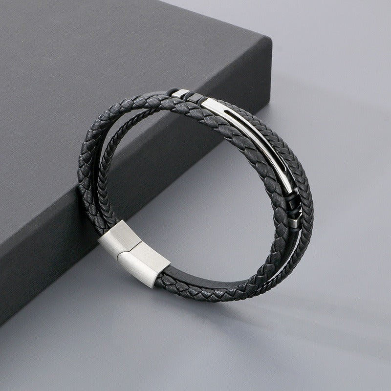 Kemstone Layered Braided Black Leather Bracelet for Men Titanium Steel Accent KB180741-JR