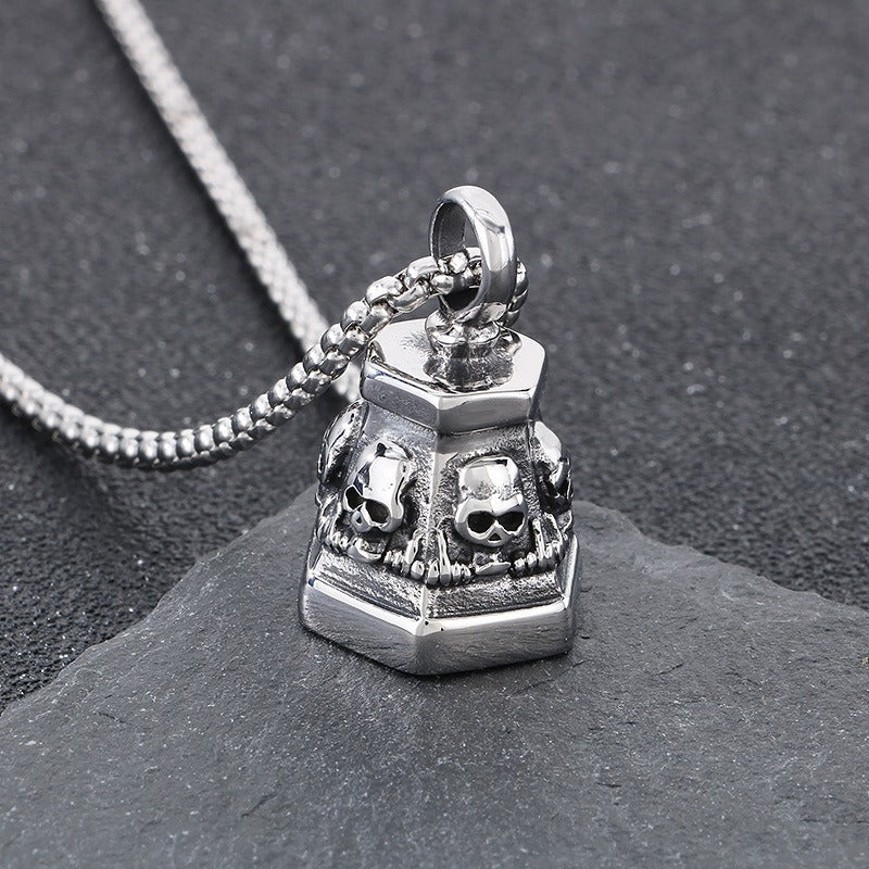 Kemstone Titanium Steel Skull Bell Pendant Necklace for Men Hexagon Gothic Silver Gold KP115582-KJX