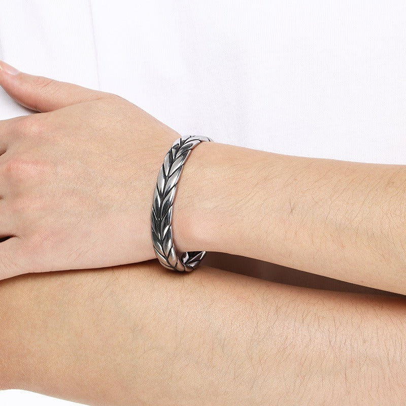 Kemstone Titanium Steel Leaf Braided Cuff Bracelet Vintage Open Style for Men KB209293-LU