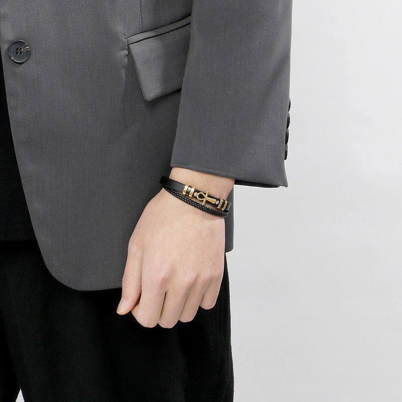 Kemstone Layered Leather Bracelet for Men Stainless Steel Cross Detail KB180738-JR