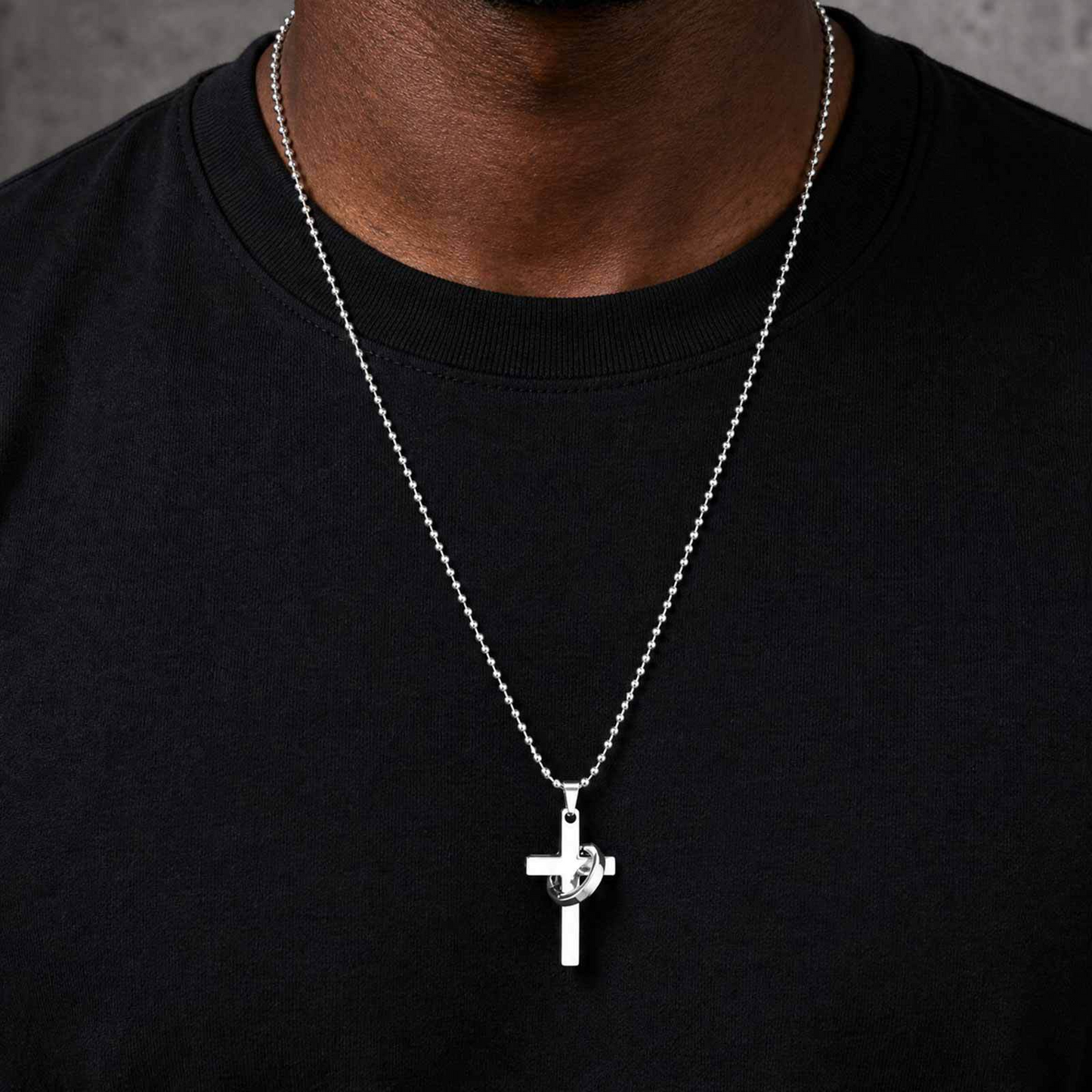 Kemstone Stainless Steel Cross Ring Pendant Necklace for Men Silver Black NC-3002
