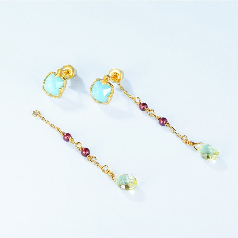 Pendientes minimalistas de peridoto con borlas, diseño original, hechos a mano por Kemstone para mujer - Plata S925 con baño de oro de 10 quilates