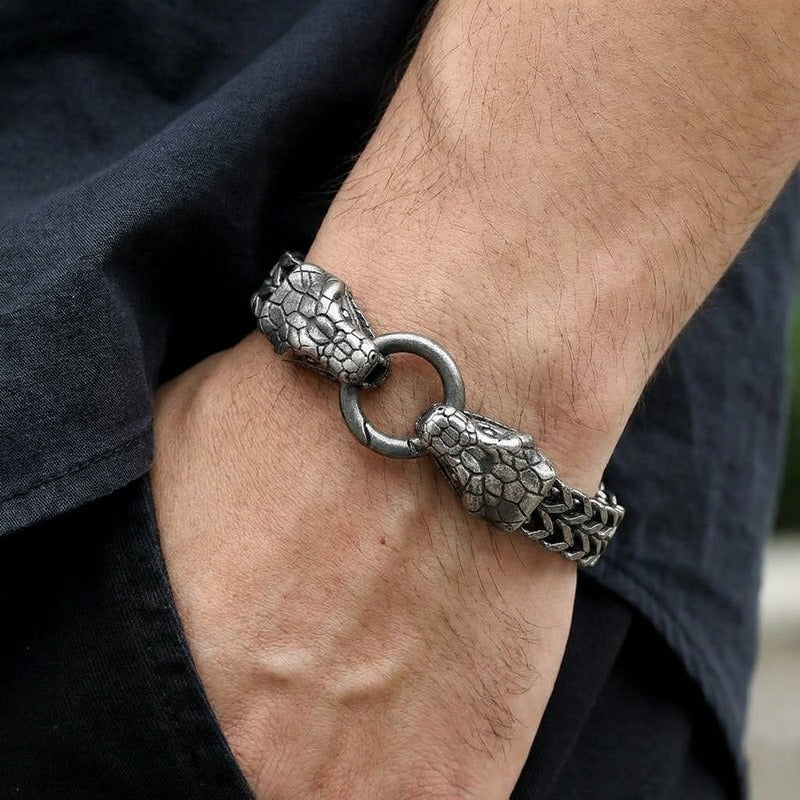 Kemstone Titanium Steel Double Snake Head Chain Bracelet Vintage Style for Men KB139889-KJX