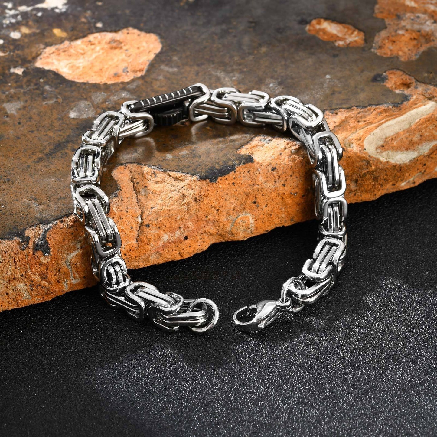 Kemstone Stainless Steel Byzantine Chain Bracelet – Geometric Link Design for Men BR-2701