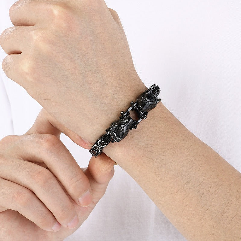Kemstone Men’s Titanium Steel Wolf Head Biker Chain Bracelet KB208300-KFC