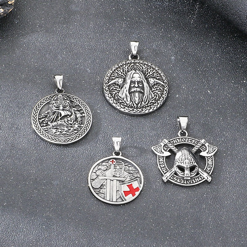 Kemstone Viking Warrior & Templar Cross Titanium Steel Pendant Necklace for Men – Norse Raven Axe Ship Emblem KP117019-LU