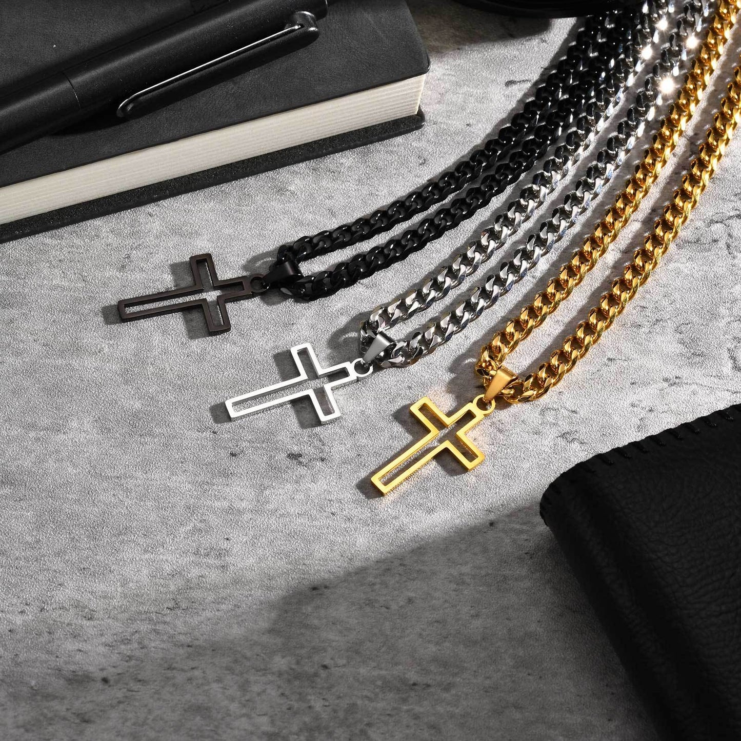 Kemstone Men’s Stainless Steel Hollow Cross Necklace – Cuban Chain PN-1531