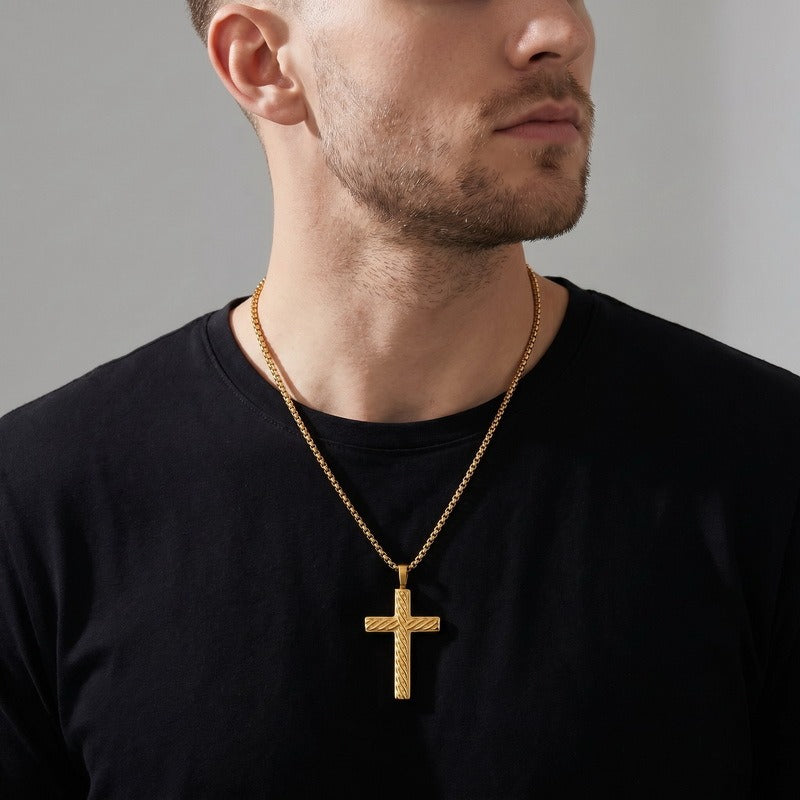 Kemstone Titanium Steel Twisted Cross Pendant Necklace for Men Vintage Rope Texture Chain KN302498-GC
