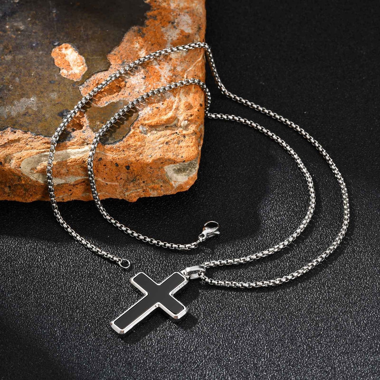 Kemstone Stainless Steel Cross Pendant Necklace – Tiger Eye & Turquoise Inlay for Men PN-2224