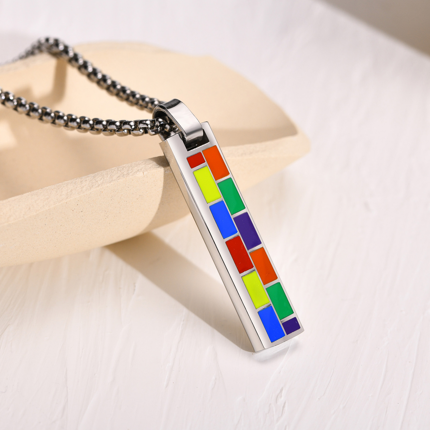 Kemstone Color Block Bar Pendant Necklace Stainless Steel Rectangle Design for Men PPN-004