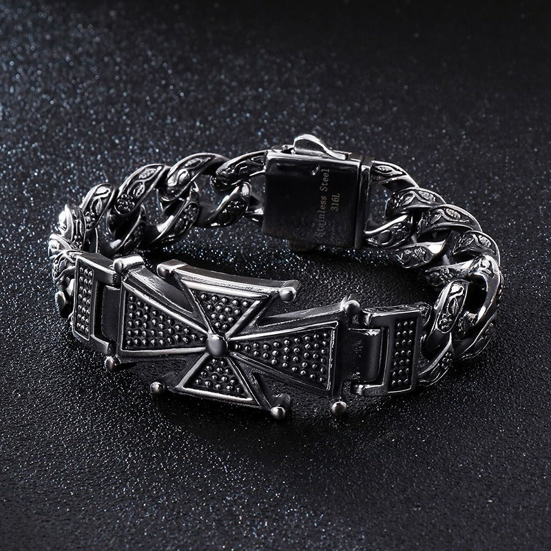 Kemstone Skull Cross Bracelet – Distressed Titanium Steel with Zircon Inlays | Gothic Punk Jewelry for Men KB112525-BD