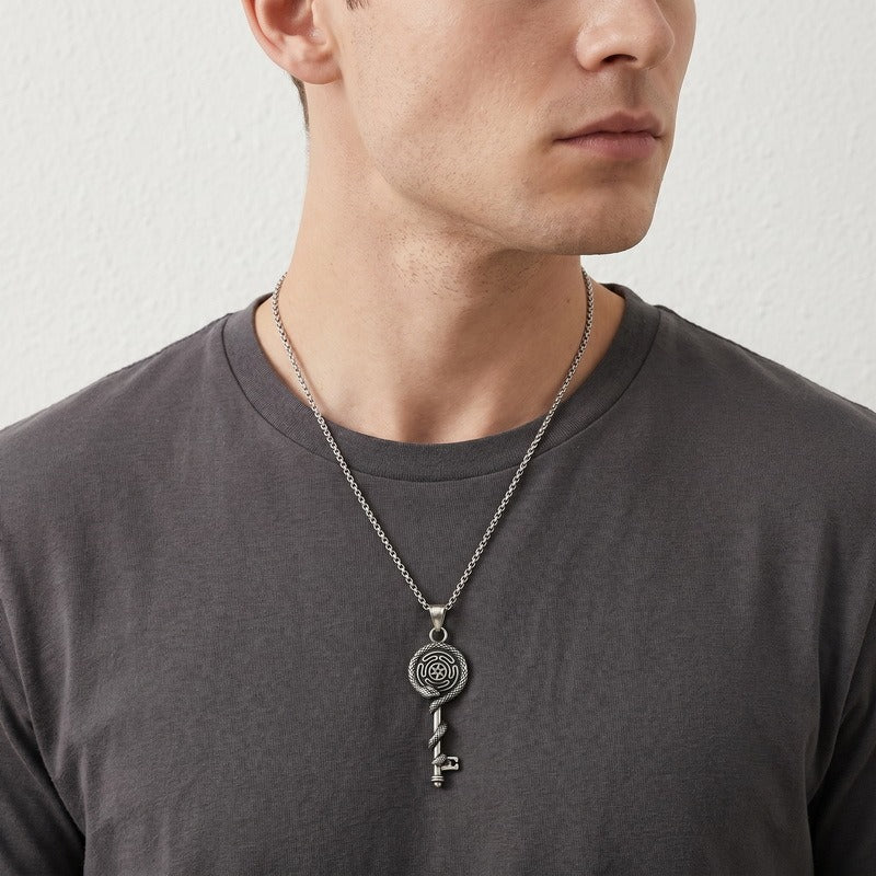 Kemston Stainless Steel Snake Wrap Rune Key Pendant Necklace for Men Gothic Labyrinth Symbol Key Charm KP118633-LU