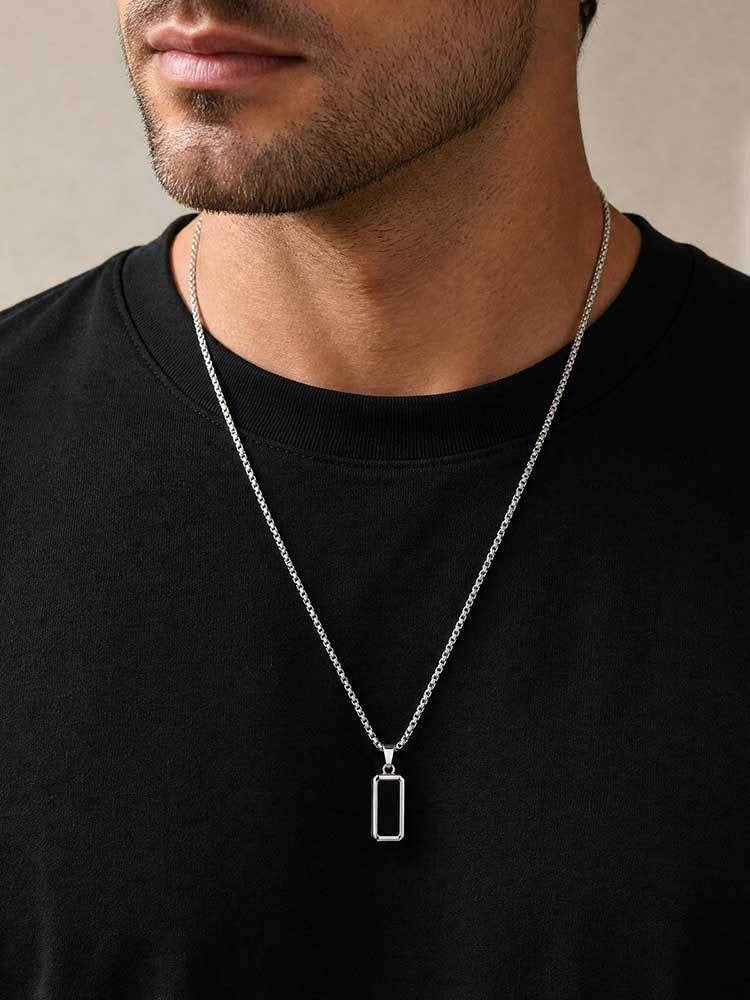 Kemston Carbon Fiber Pendant Necklace for Men Stainless Steel Black Rectangle Design PN-2319