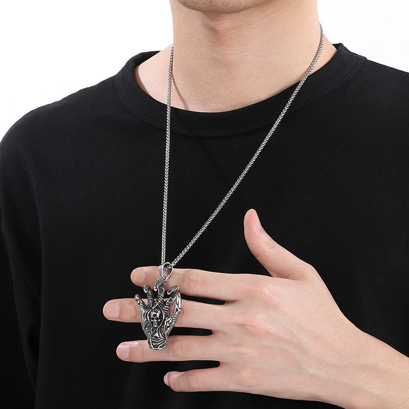 Kemstone Skull Pendant Necklace for Men Titanium Steel Vintage Claw Detail Relief KP48370-BD