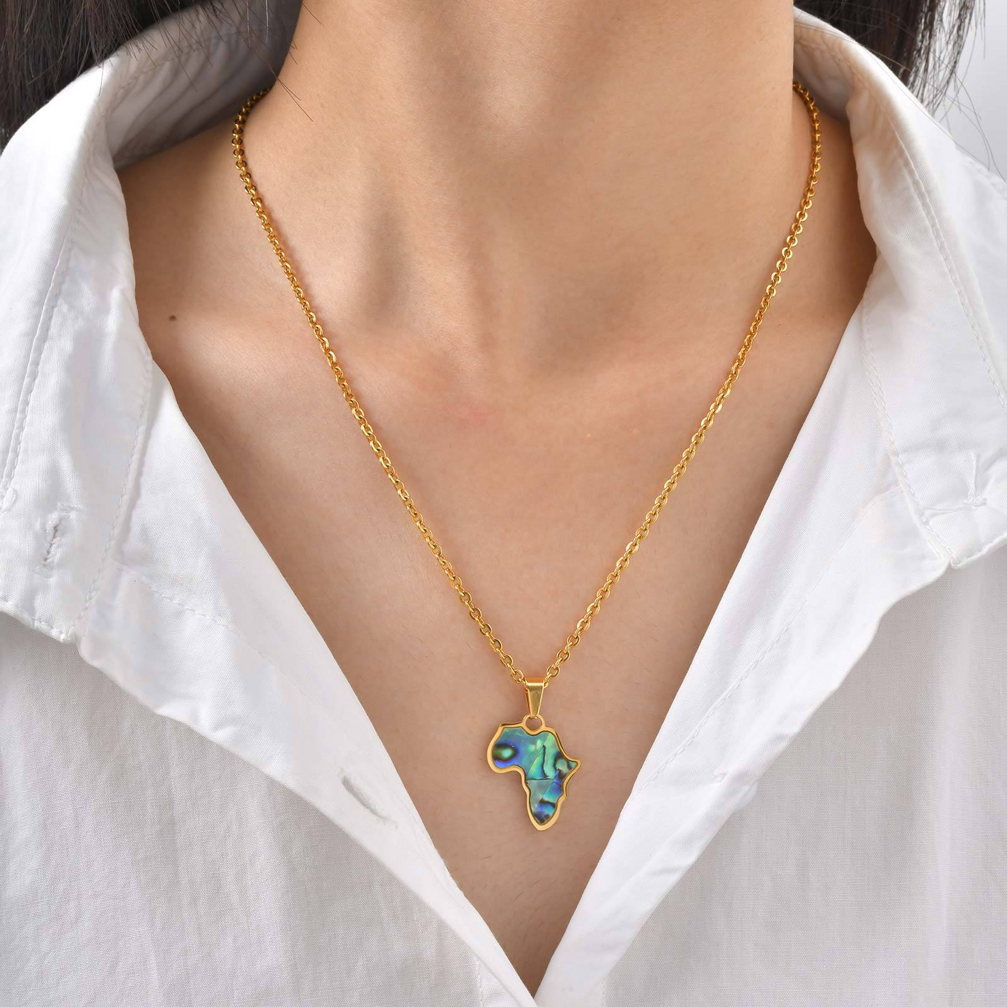 Kemstone Stainless Steel Africa Map Pendant Necklace – Abalone Shell Style for Men & Women PN-2185