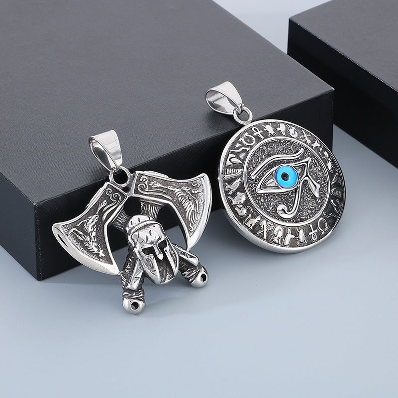 Colgante Kemstone Hiphop Mythology Series - Collar de acero y titanio con máscara de hacha de doble cara y diosa serpiente del mal de ojo para hombre KP130917-MZOZ