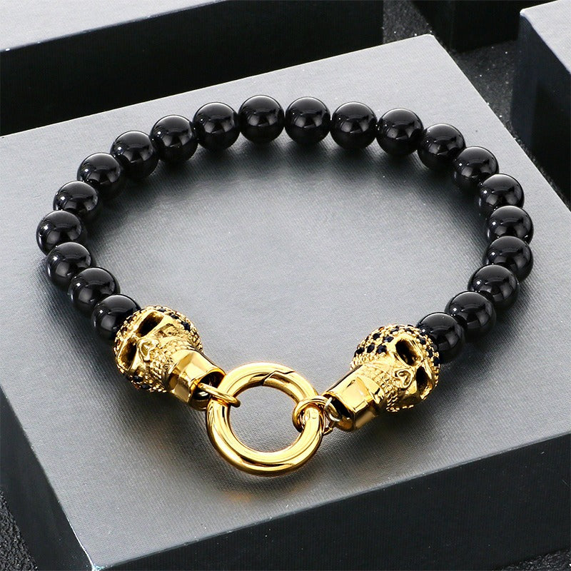 Kemstone Black Onyx Skull Bead Bracelet & Necklace – Titanium Steel with Cubic Zirconia Detail for Men B81841-BD