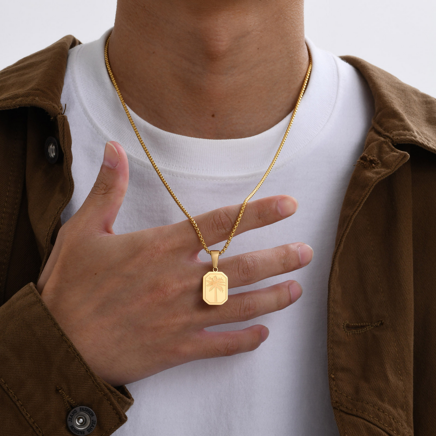 Kemstone Stainless Steel Palm Tree Pendant Necklace – Etched Rectangle Tag, Gold Silver PN-1990