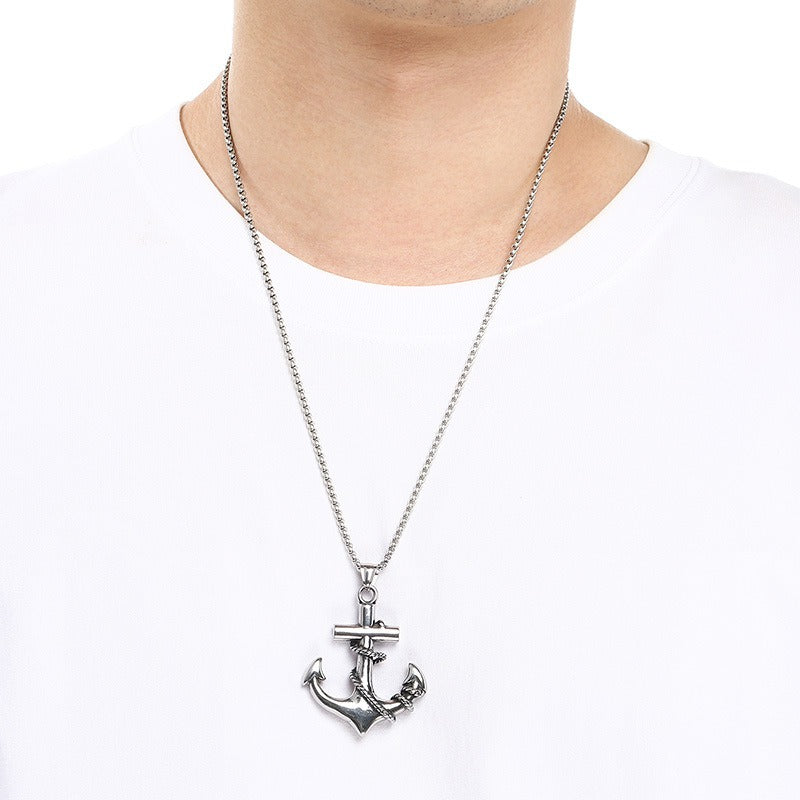 Kemstone Anchor Pendant Necklace Titanium Steel Nautical Wheel Skull Cross Design for Men Silver KP117037-LU