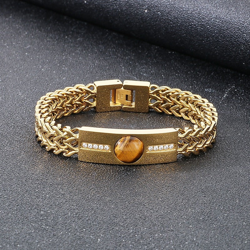 Kemstone Hiphop Zirconia-Encrusted Vintage Dual-Chain Tiger's Eye Stone Curb Men's Bracelet KB187685