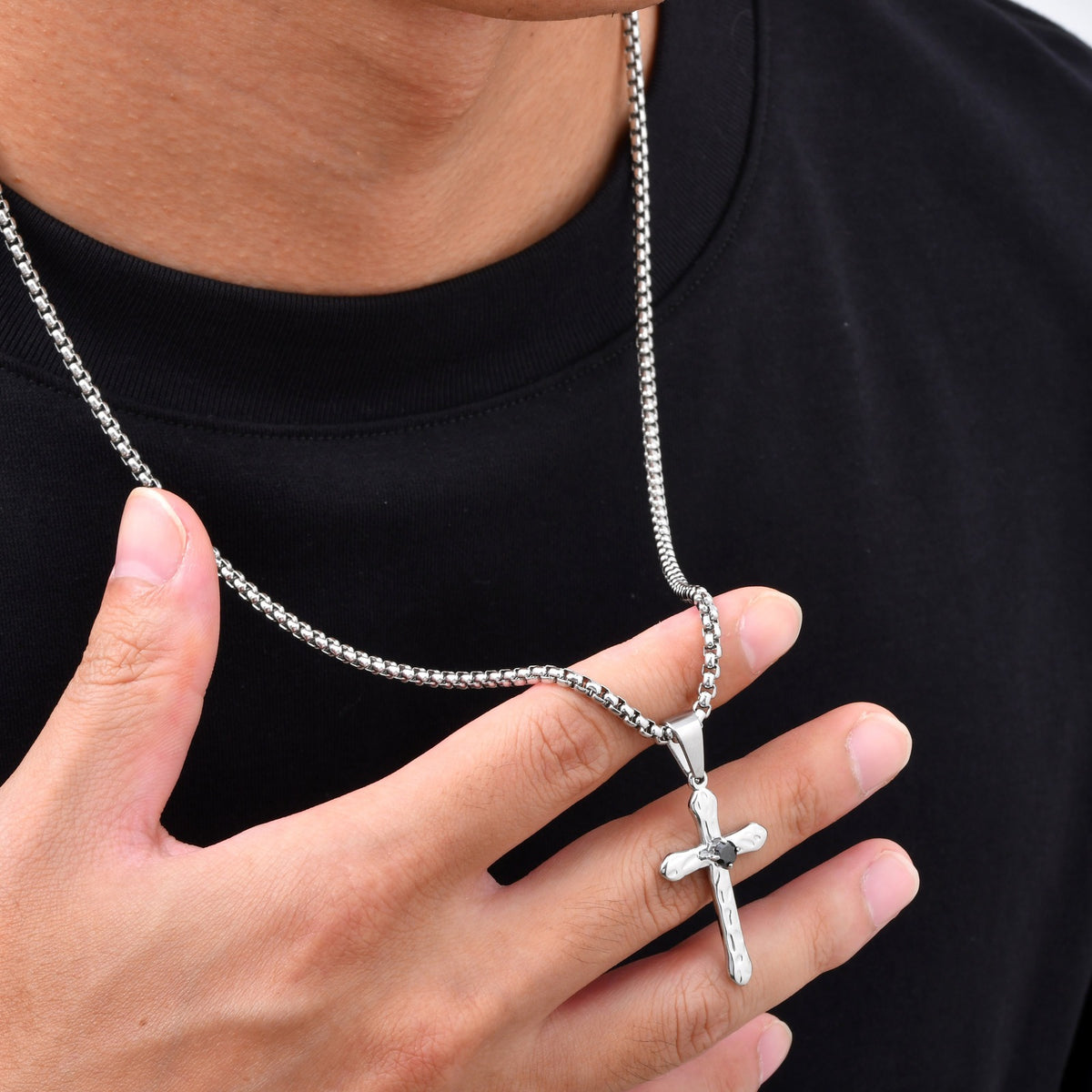 Kemstone Stainless Steel Hammered Cross Necklace for Men Cubic Zirconia Center PN-247