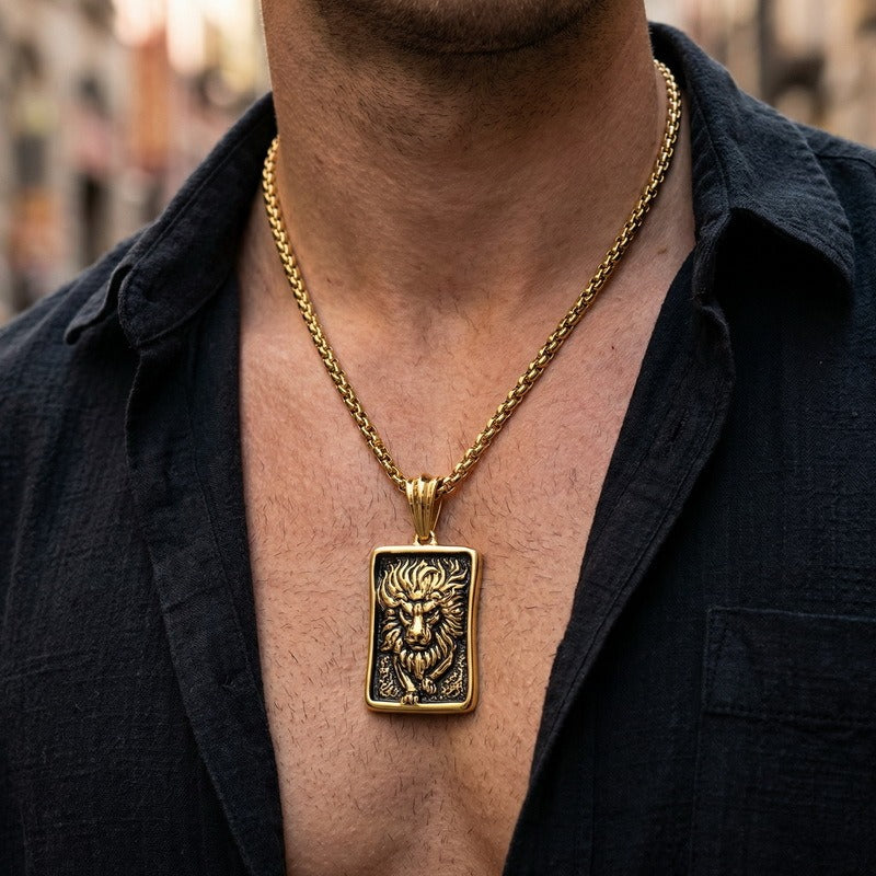 Kemstone Titanium Steel Lion Tag Pendant Necklace for Men Vintage Relief Design KP98157-KJX