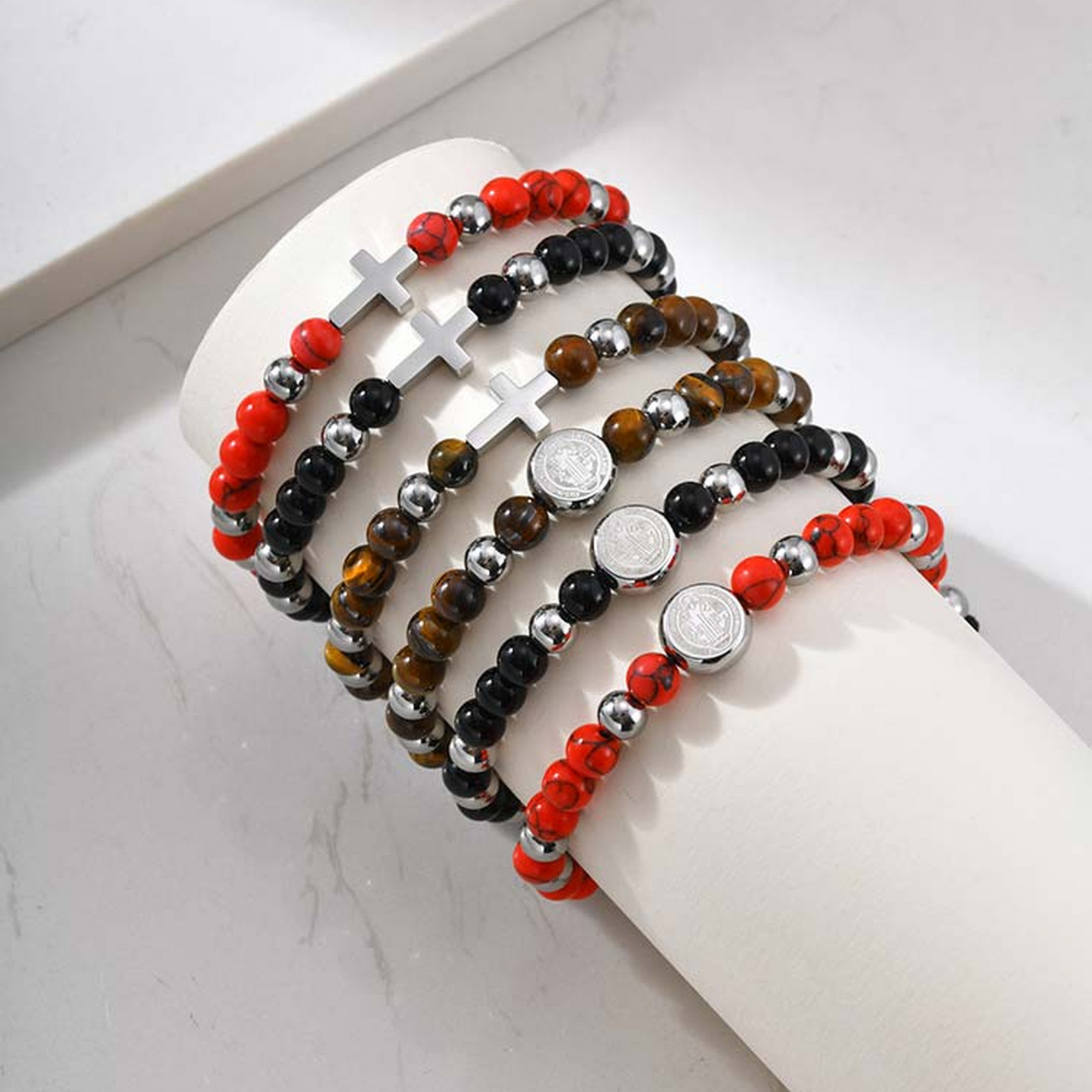 Kemstone Stainless Steel Engraved Coin Beaded Bracelet for Men – Natural Stone Adjustable BR-2354