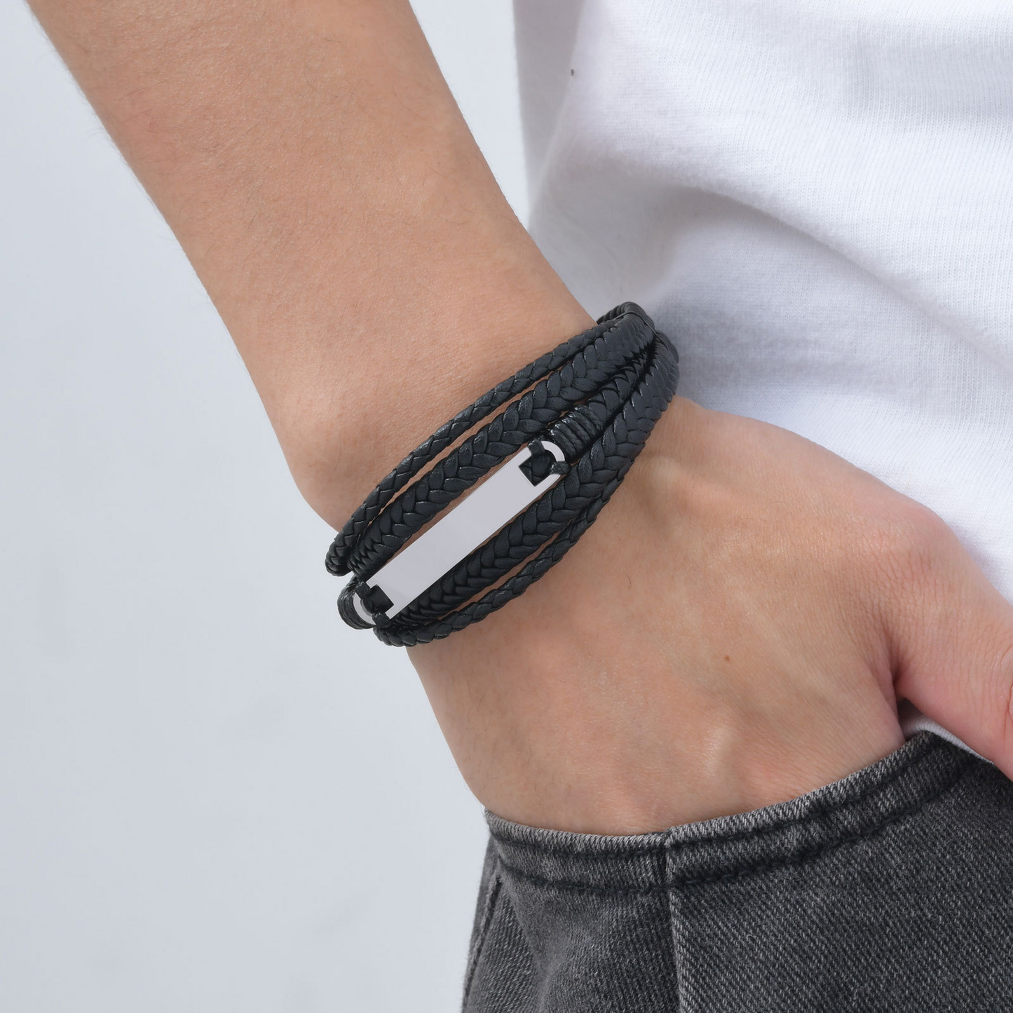 Kemstone Stainless Steel Curved Plate Multi-Layer PU Leather Bracelet for Men – Black Double Wrap Design BL-783