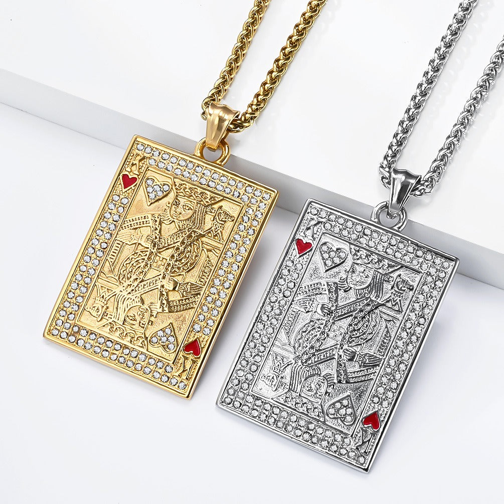 Kemstone Stainless Steel Playing Card Pendant Necklace for Men Women Iced Heart King K-PT719