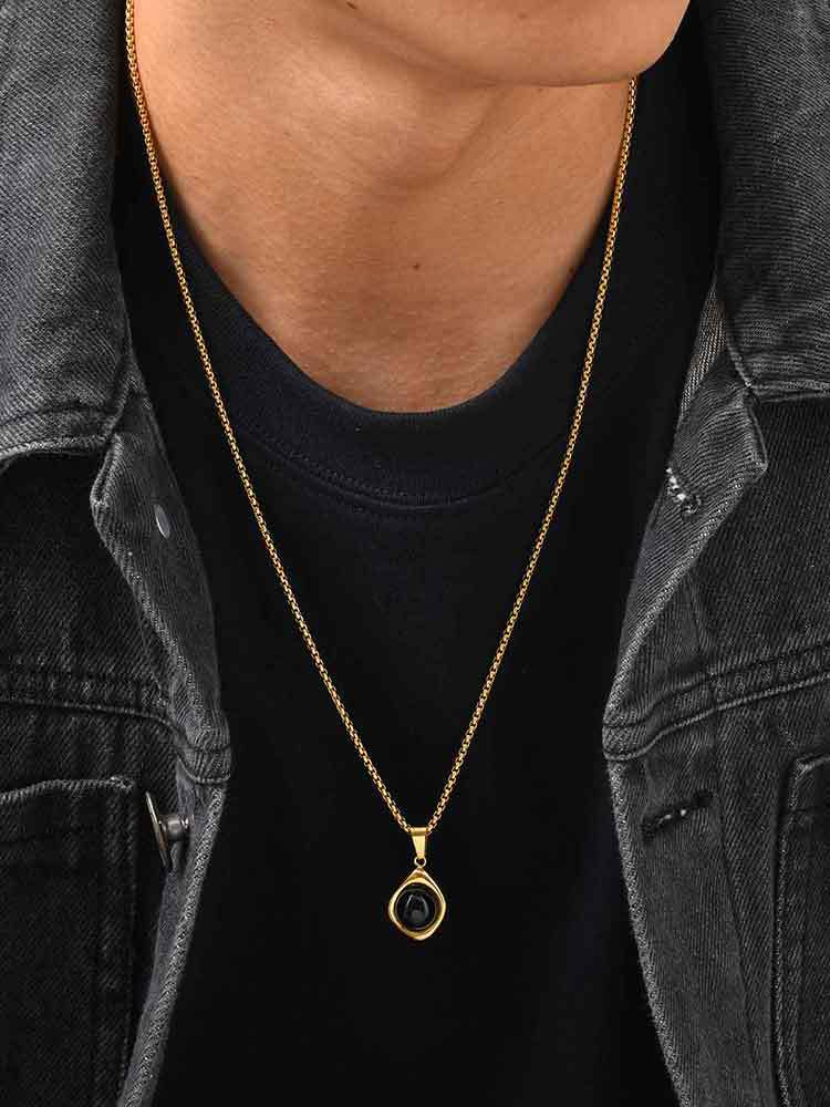 Kemstone Men’s Stainless Steel Necklace – Irregular Natural Stone Pendant Tiger Eye / Onyx / Turquoise PN-2189