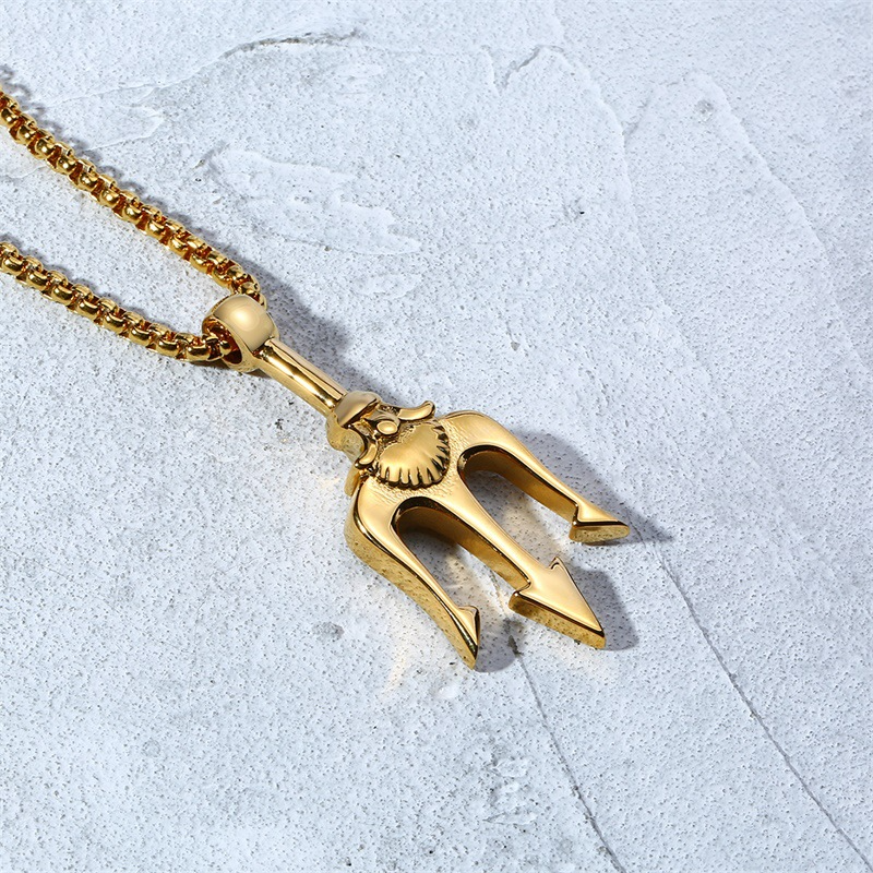Kemstone Trident Pendant Necklace for Men Stainless Steel Vertical Symbol Gold Silver Black PN-1176